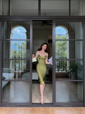 Vintage Sheath Spaghetti Strap Bow Olive Green Satin Short Prom Dress Homecoming Dress HZ1023